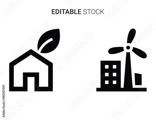 Green energy house and wind turbine building icons representing sustainable living concepts