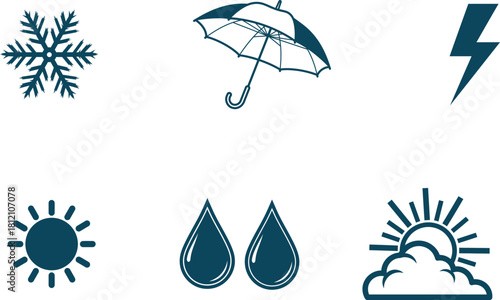 Weather forecast icons set depicting sunshine rain snow lightning umbrella and cloud illustrating climatic conditions and meteorological elements for weather apps and presentations