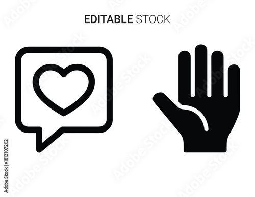 Social media love message chat bubble with heart and open hand gesture icon set design
