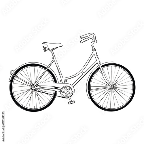 Classic Step Through City Bicycle Detailed Line Drawing.