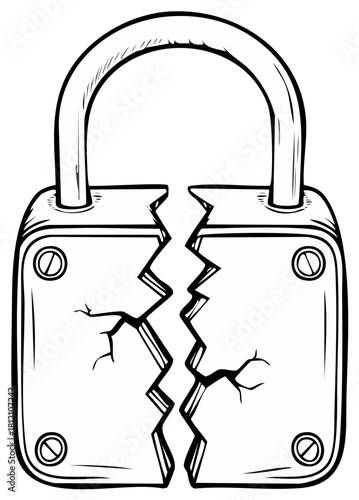Broken padlock illustration symbolizing lost security unlocked access and damaged protection