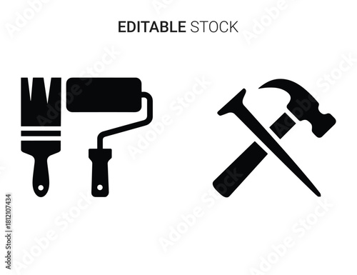 Icon set of essential tools for home improvement, construction, repair, and service work.