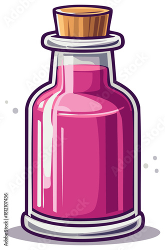 Cartoon style potion bottle with pink liquid, cork stopper, a spellbinding essence for fantasy, games, or magical illustrations.
