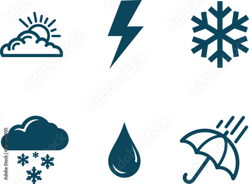 Weather Icon Set Representing Sunshine Lightning Snowfall Rain and Cloudy Conditions Offering a Range of Meteorological Symbols for Forecasting and Design Projects