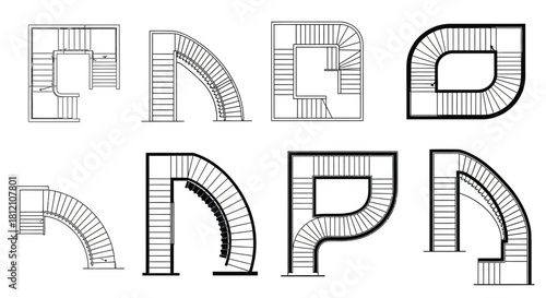 Architectural plans displaying various staircase designs in top down views