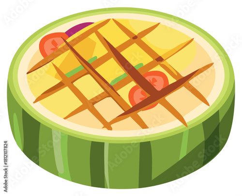 Fresh watermelon half bowl with sweet yellow filling, sliced tomatoes, and decorative lattice topping illustration