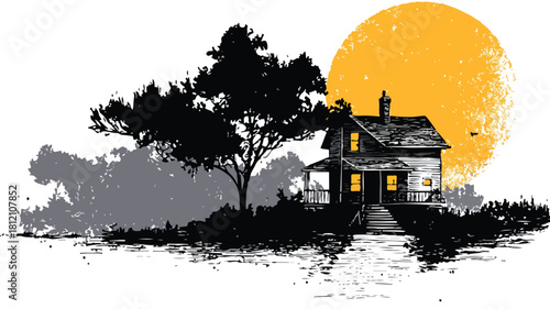 Serene Nighttime Cottage Glowing under Moonlight Vector with Outline