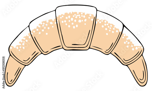 Delicious freshly baked croissant doodle illustration.  Bakery delicacy with sweet powder on top  Graphic style drawing of pastry snack