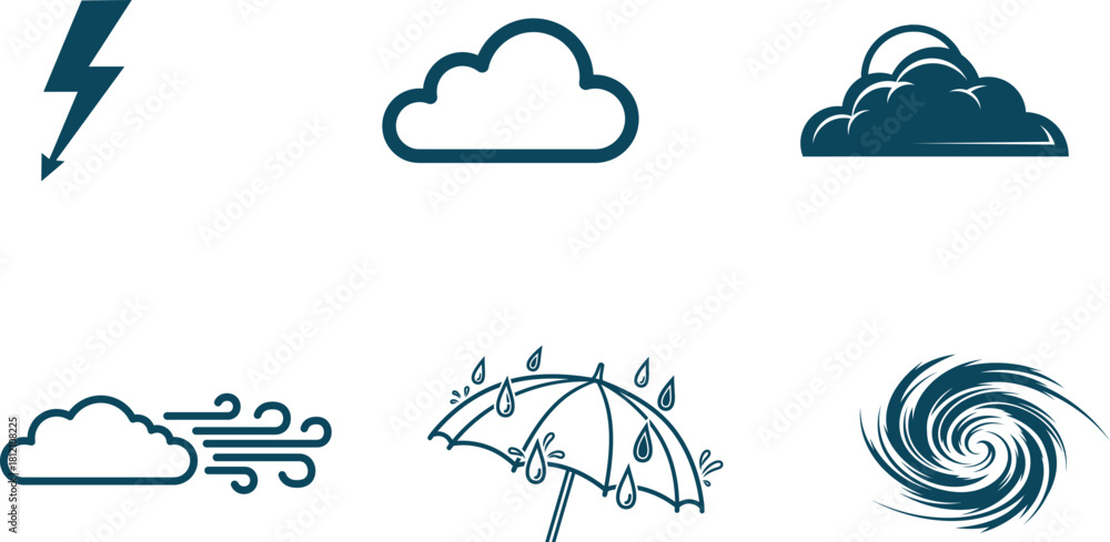 Naklejka premium Weather Icons Set Representing Various Atmospheric Conditions and Weather Phenomena Graphic Elements for Meteorology Forecasts and Educational Purposes
