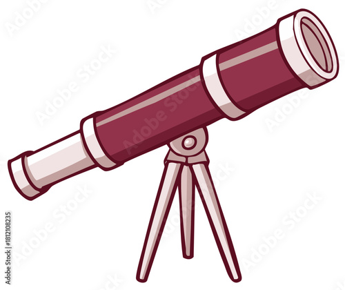 Cartoon illustration of a maroon telescope on a tripod for astronomy and stargazing.