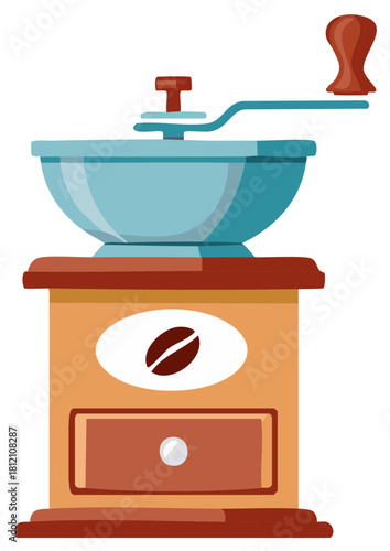 Illustration of a traditional manual coffee grinder with a hand crank and coffee bean icon for fresh brewing