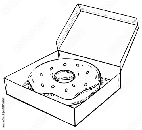 Cartoon Donut Inside Open Box Outline Style, Simple Snack Vector