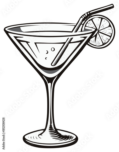 Drawing of a martini glass with a straw and lemon slice, cocktail vector art