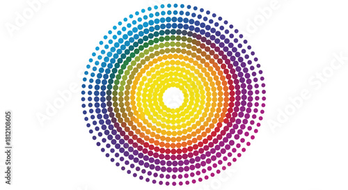 A vibrant circular pattern composed of multicolored halftone dots