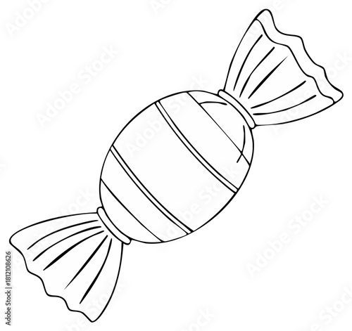 Striped candy in a twisted wrapper line art illustration for coloring book