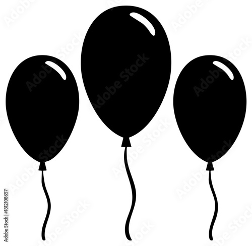 Three elegant black balloons with strings for party celebration and festive events icon