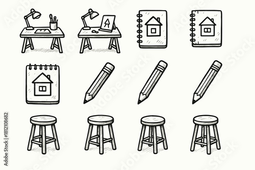 Home creative vector doodle atelier icons artistic icon sketchbook stool pencil ink