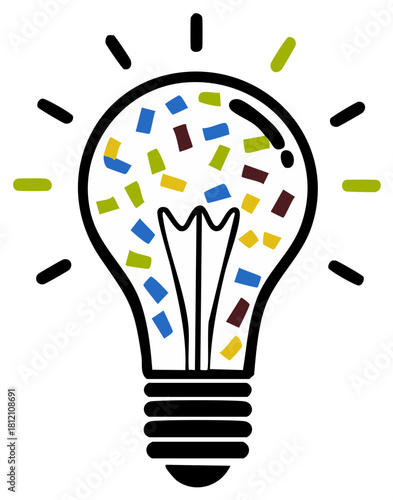 Creative idea concept with a shining light bulb filled with colorful confetti