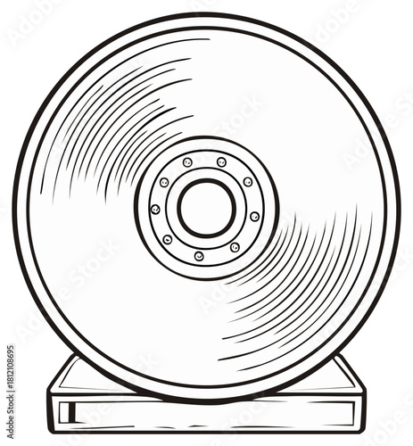 Black and white vector illustration of a stylized hard drive, tech design concept.