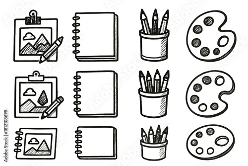 Icon pencil art set drawing sketchbook vector minimal corner palette ink holder