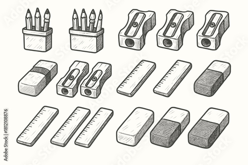 Sharpener set icon drawn sketching vector eraser hand pencil toolkit sketch ruler