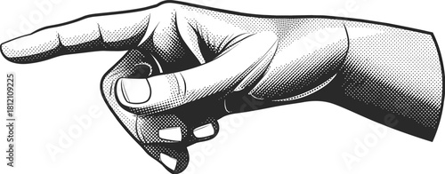 Vintage halftone pointing hand illustration with retro engraving style, detailed black and white etching effect, classic gesture artwork for design