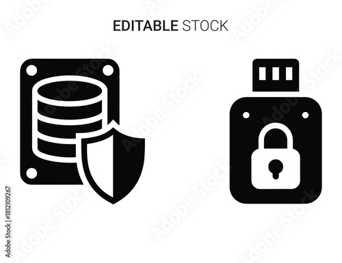 Digital data protection icons: database security and secure usb flash drive storage