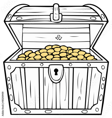 Open pirate treasure chest full of gold coins cartoon coloring page illustration