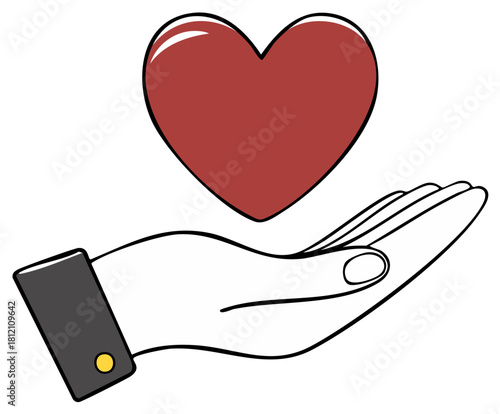 Illustrative human hand offering a shining red heart concept of love care and generosity