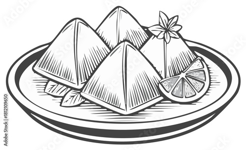 Four delicious samosas with lemon and herb garnish served on a plate vector illustration