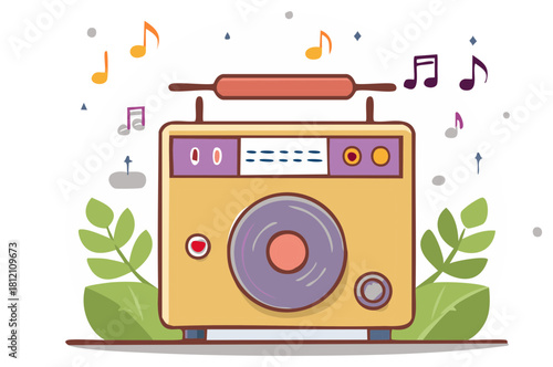 Colorful Vintage Radio Playing Music with Musical Notes Illustration