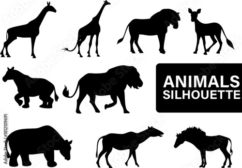 African Safari Animals Silhouette Vector Collection: Detailed Black Shapes of Giraffe, Lion, Rhinoceros, Zebra, and other Wild Mammals.