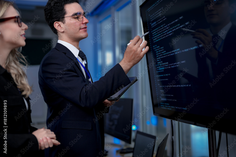 Fototapeta premium A male team leader in a suit uses a stylus to explain a complex project on a large screen, providing one-on-one training to a female colleague in a modern, high-tech office.