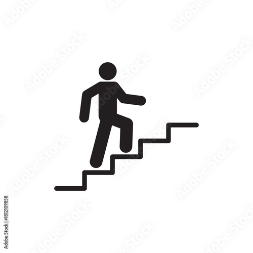 Stairs up person to goal icon. Stairway, steps direction to flag. Moving upstairs in work, career. Editable stroke. Vector illustration