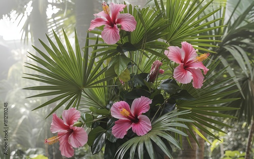 Hibiscus flowers and palm leaves in a lush tropical garden