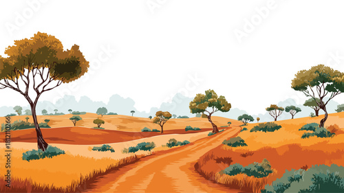 Savanna Landscape with Dirt Road and Trees Vector Illustration