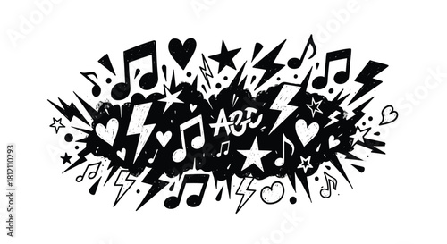 A playful explosion of musical notes hearts stars and electric bolts