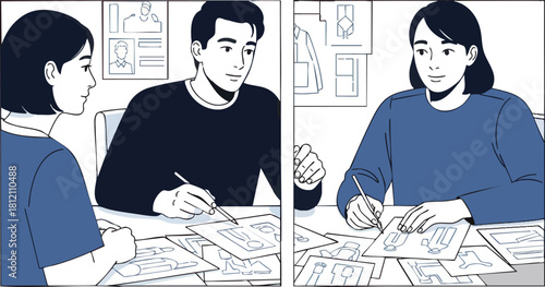 Three young adults engaged in a focused discussion at a table.