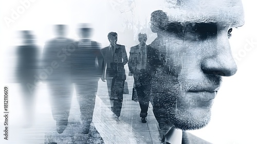 Abstract double exposure silhouette of a man s face merged with a group of walking figures silhouette