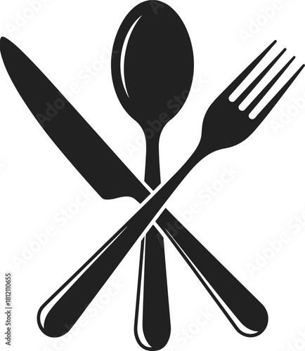 Classic black silhouette of crossed kitchen utensils including spoon, fork, and knife representing dining, cooking, restaurant service, culinary tools, and food preparation.