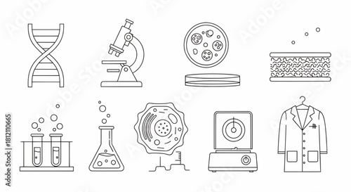 Biology and Science Icons DNA, Microscope, Cells, Beakers, Flasks and Research Tools