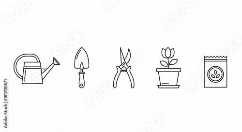 A collection of essential gardening and horticulture tools in a minimalist line art icon style