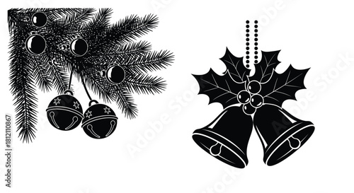 Festive christmas elements holly ornaments and pine branches in black and white