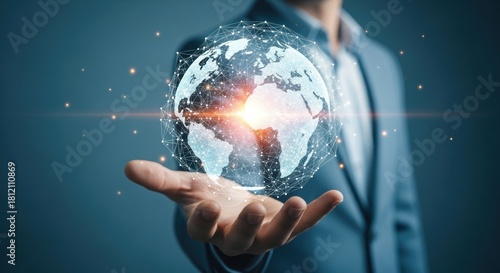 A man holding a holographic globe with a glowing light on it.