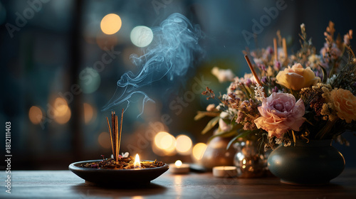 Sacred offering with incense smoke and flowers faceless spiritual ceremony defocused ritual background ceremonial elements religious practice spiritual offerings meditation