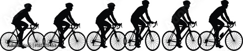 Cyclist silhouette sequence, bike motion, racing posture, helmet rider, athletic movement, cycling animation, sports activity, fitness concept, speed, dynamic energy