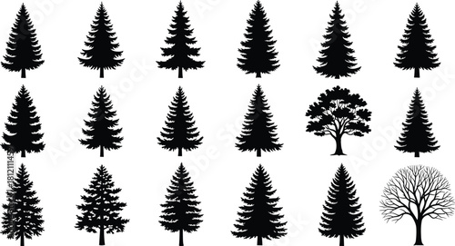 Collection of diverse tree silhouettes featuring pine, fir, and deciduous designs for landscape illustration, nature elements, forest graphics, and environmental projects