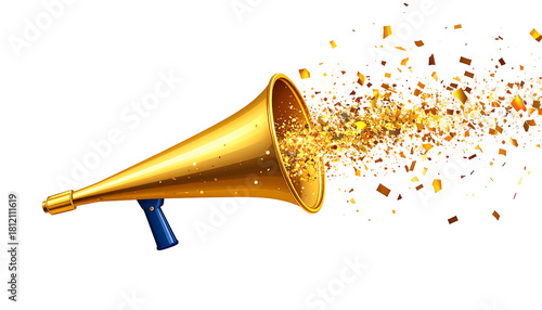A golden megaphone with a blue handle emitting a burst of golden confetti against a white background.