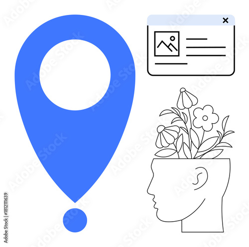 Blue location pin, head silhouette with blooming flowers symbolizing creativity, and digital interface. Ideal for innovation, mental growth, digital navigation, mindfulness, design, geolocation
