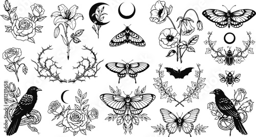 Black and White Tattoo Style Elements Collection